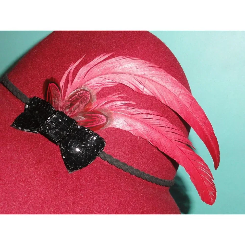 Vintage Burgundy Cloche Hat w/ Bow and Feathers church hat pinup Kentucky Derby - Picture 6 of 10